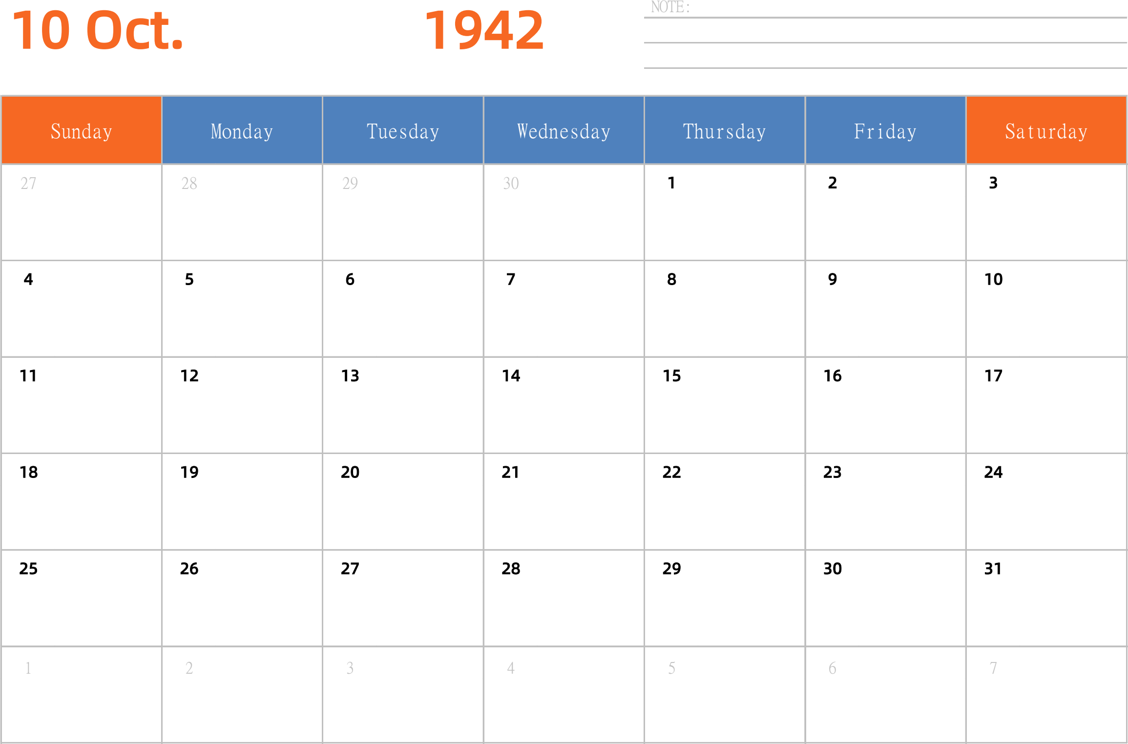 日历表1942年日历 英文版 横向排版 周日开始